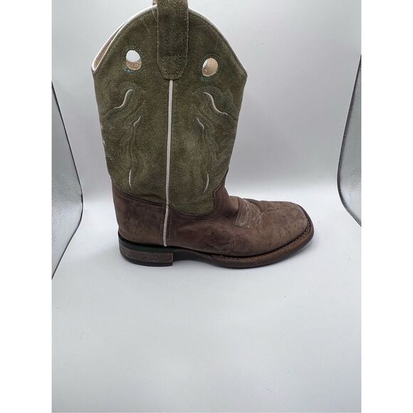 Old West Youth Tumbled Brown & Tan Calf Leather Top Square Toe Boots Size 3.0 D - Picture 3 of 6